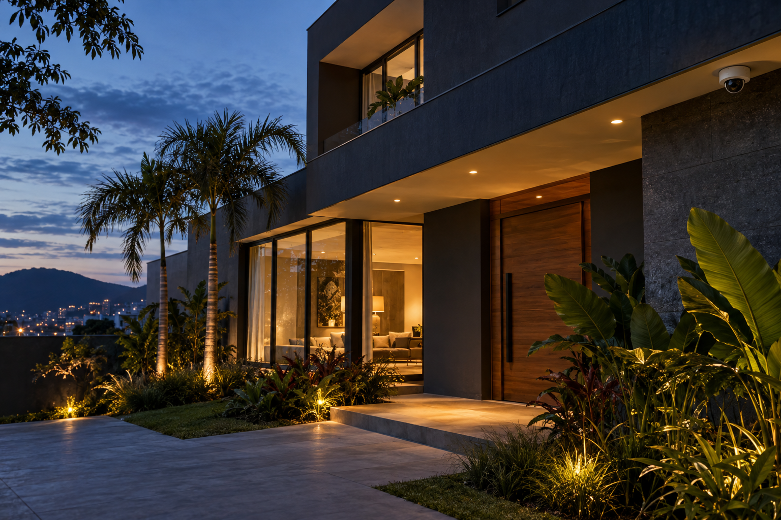 Residência contemporânea iluminada ao anoitecer, com jardim e câmera de segurança
